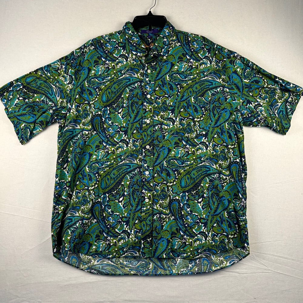 Alan Flusser Mens XXL Cotton Paisley Short Sleeve Button Down Shirt Green Blue